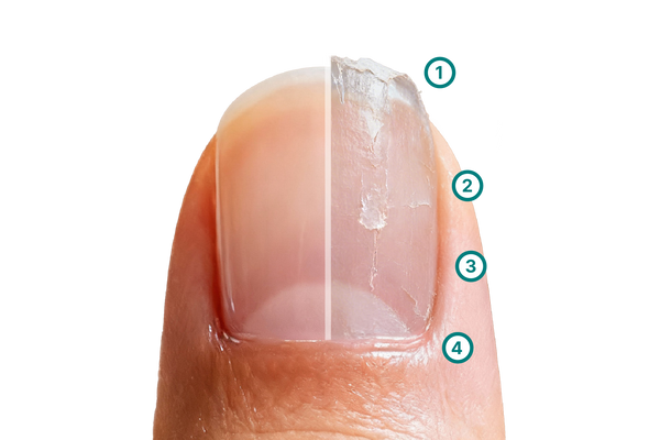 Grafik zum Vergleich zwischen gesunder und ausgedünnter Nagelplatte: Dargestellt sind typische Leitsymptome dünner Nägel wie erhöhte Empfindlichkeit, weiche und zu flexible Nagelplatte, schnelle Splitterungen und Einrisse – verursacht durch häufige Nagelmodellage und wiederholte Nail Art Behandlungen.